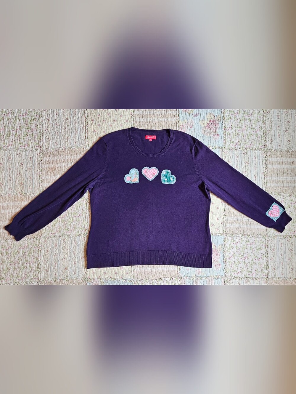 Vintage Upcycled Sweater with Heart Appliqués - Purple